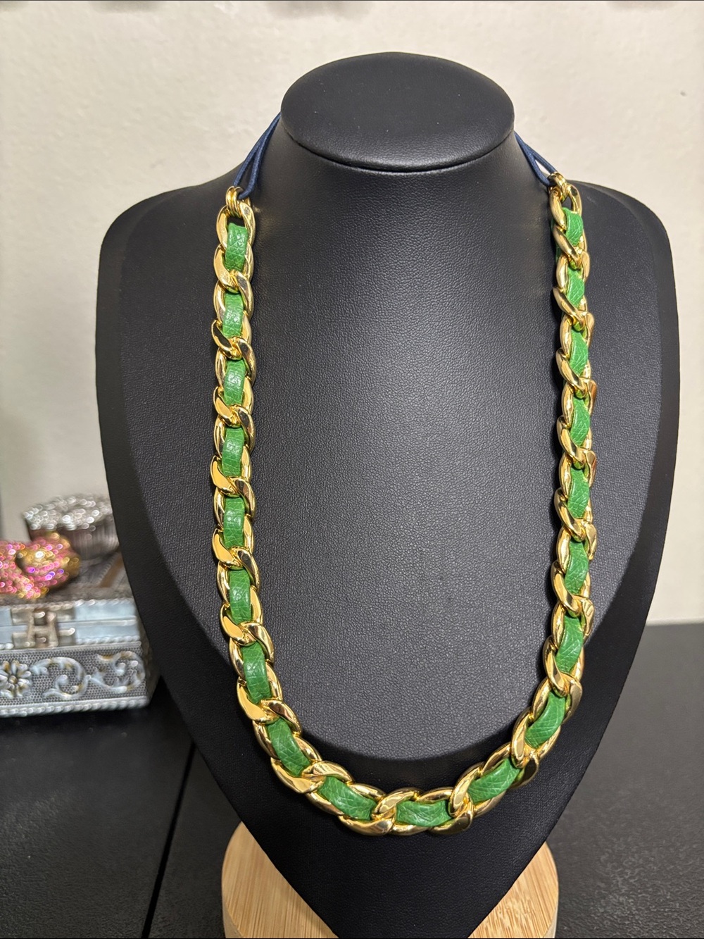 Juicy Couture Green Gold Woven Chain Leather Headband Navy Blue